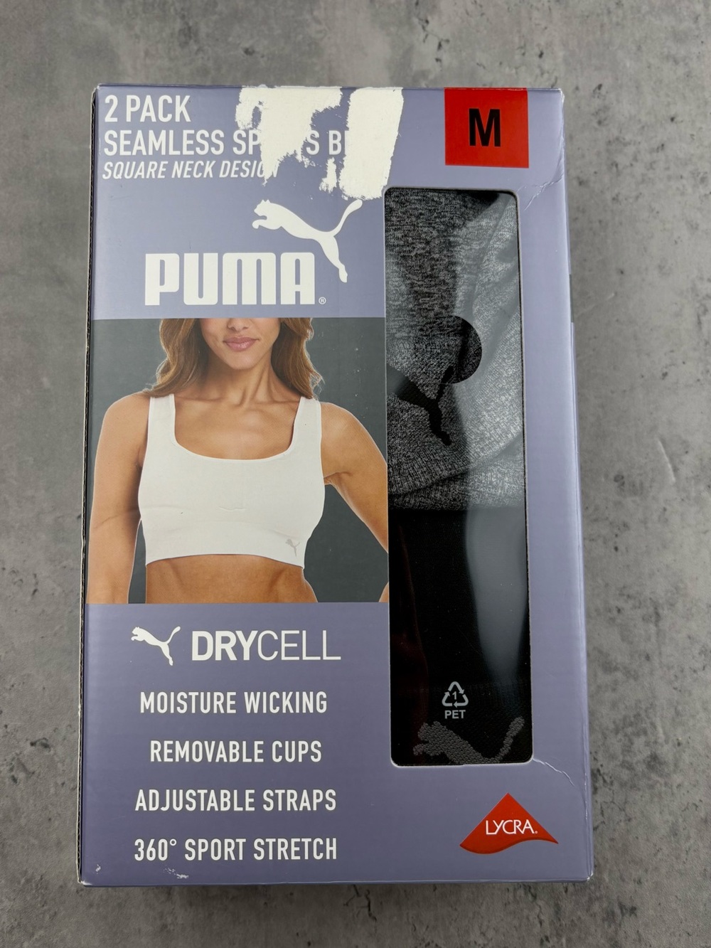 Puma sports bra 2 pack charcoal gray/ black square neck Drycell size Medium